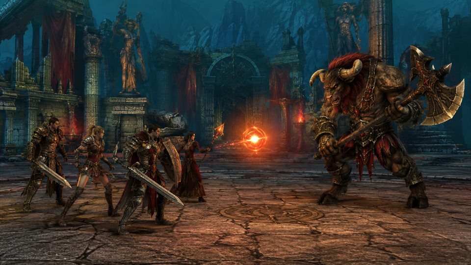 Formasi mercenary bertarung melawan monster bertanduk di reruntuhan kuno